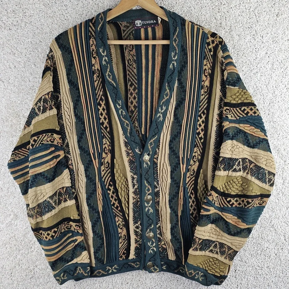 Vintage Tundra Canada Knit Sweater Cardigan Size Large 90s Coogi Style 3D Cotton